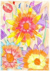 Panele Szklane Podświetlane  Bajkowe fantastyczne kwiaty. Ogród fantazji. Rysunek dziecka.