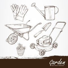 illustration of gardening tools. Hand drawn design