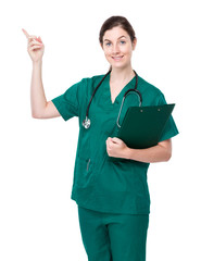 Doctor woman with clipboard and finger point up