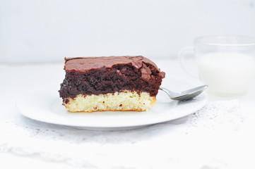 Chocolate coconut brownie, selective focus