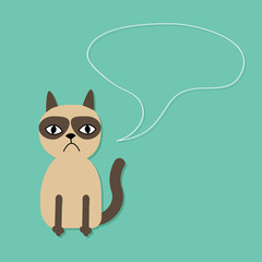 Cute sad cranky siamese cat and speech bubble in flat 