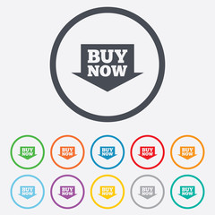 Buy now sign icon. Online buying arrow button.