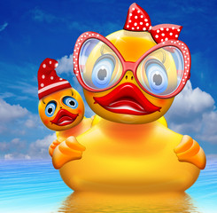 Fototapeta premium Duck die Ente mit Brille, Schleife und Babyente