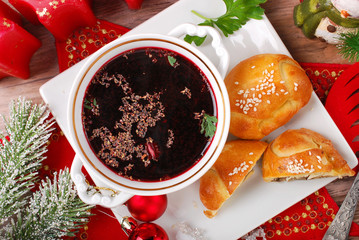 red borscht and pastries for christmas eve