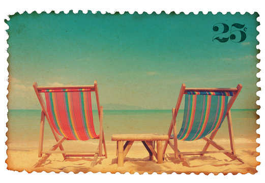 Vintage stylized postage stamp with two beach chairs