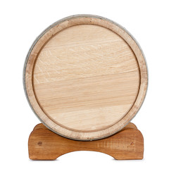 Wooden barrel rear side, on rack, isolated on white background © nevodka.com