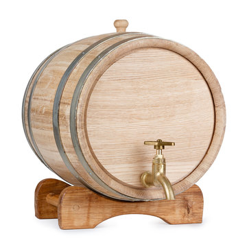 New clean oak wooden barrel on rack