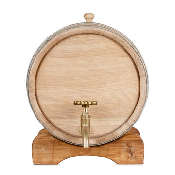 Oak Wooden Barrel On Rack, Front View