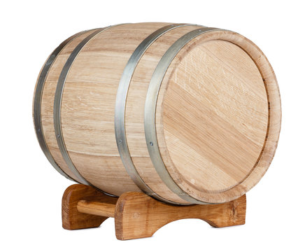 Wooden barrel rear side, on rack, isolated on white background