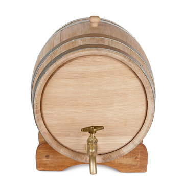Wooden barrel on rack, front view, isolated on white background