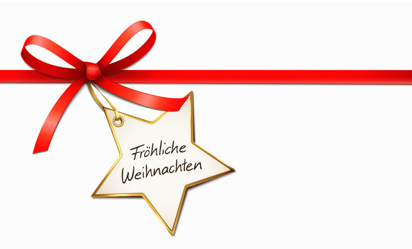 Rote Schleife, Stern-Etikett - Fr&ouml;hliche Weihnachten