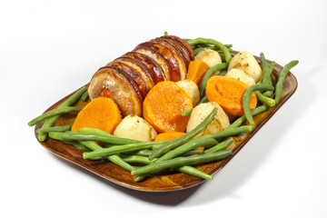 Left side View of Roast Pork and Vegetables
