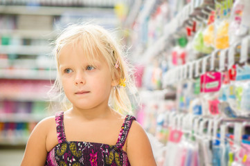 Adorable girl select goods in stationery department in supermark