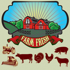 bright colorful rural landscape with set of icons