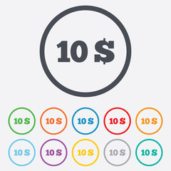 10 Dollars sign icon. USD currency symbol.