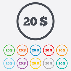 20 Dollars sign icon. USD currency symbol.