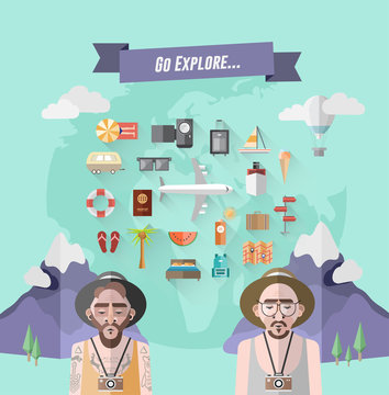International explorer vector with earth and illustrations