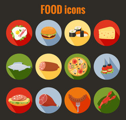 Set of food icons on colorful round buttons