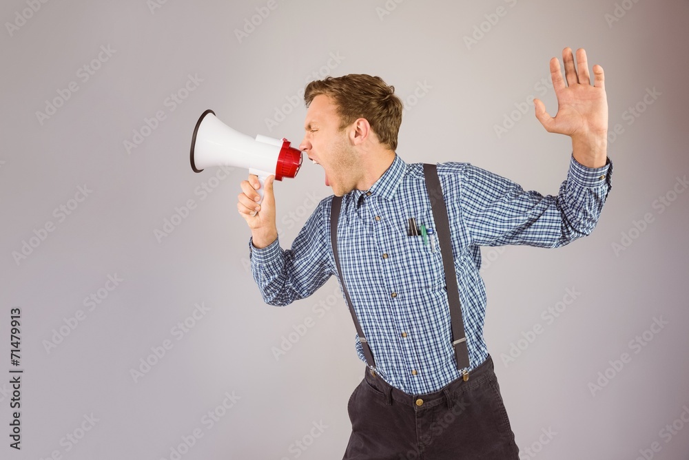Poster geeky hipster shouting through megaphone