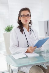 Vet sitting and holding tablet