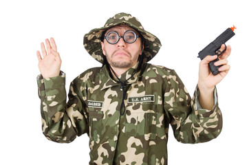 Funny soldier in military concept