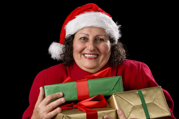 Delighted Elderly Woman Hugging Three Wrapped Gifts.