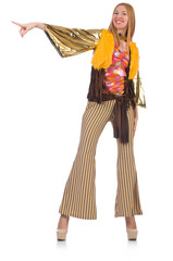 Woman pressing virtual button isolated on white