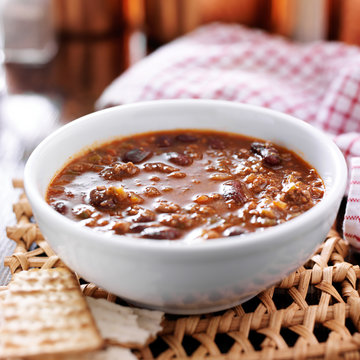 bowl of chili cooling on table