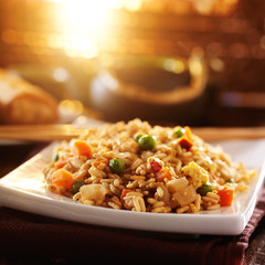 chinese vegetable fried rice on plate with orange glow