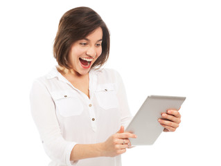 Cheerful young woman with an electronic tablet