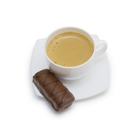 Coffee cup and saucer on a white background.