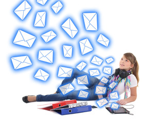 spam concept - beautiful teenage girl with tablet pc
