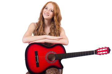 Woman playing guitar isolated on white