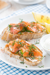 bread with salted salmon and cream cheese for breakfast, closeup