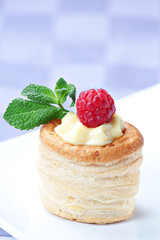 Raspbey Tart with Fresh Cream in Puff Pastry