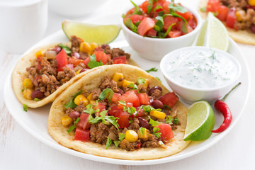Mexican snack - tortilla with chili con carne, tomato salsa
