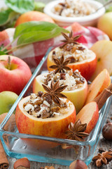 prepared for baking stuffed apples in a glass form, top view