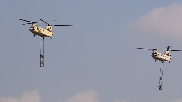 Two helicopters CH-47 Chinook at the airshow in Cairo.  Egypt