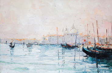 Fototapeta na wymiar oil painting, marina, yacht, sea
