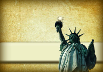 Estatua de la Libertad, New York, fondo, etiqueta