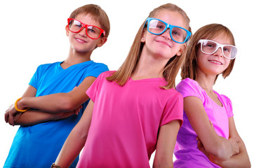 team of happy children wearing eyeglasses isolated over white
