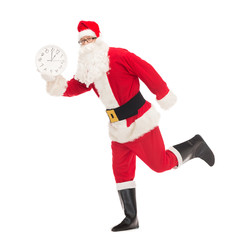 man in costume of santa claus with clock