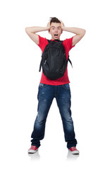 Man with backpack isolated on white