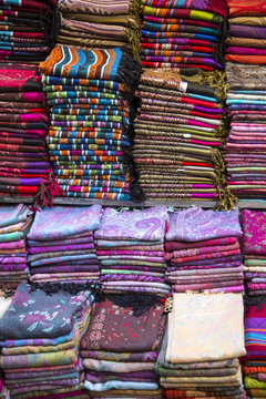 Fabrics on the market in Fes, Morocco