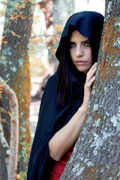 beautiful fantasy woman wit black hood in the woods