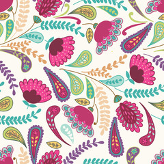 Vector seamless hand-drawn pattern with decorative flowers and l