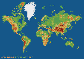 pixel art style illustration world physical map