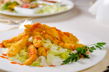 Close up Appetizing Main Course on White Plate