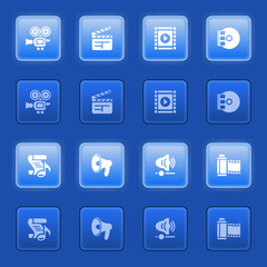 Audio video icons for web on blue buttons.