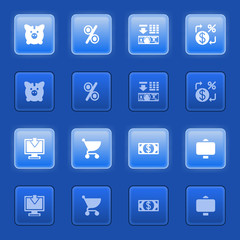 Finance icons for web on blue buttons.